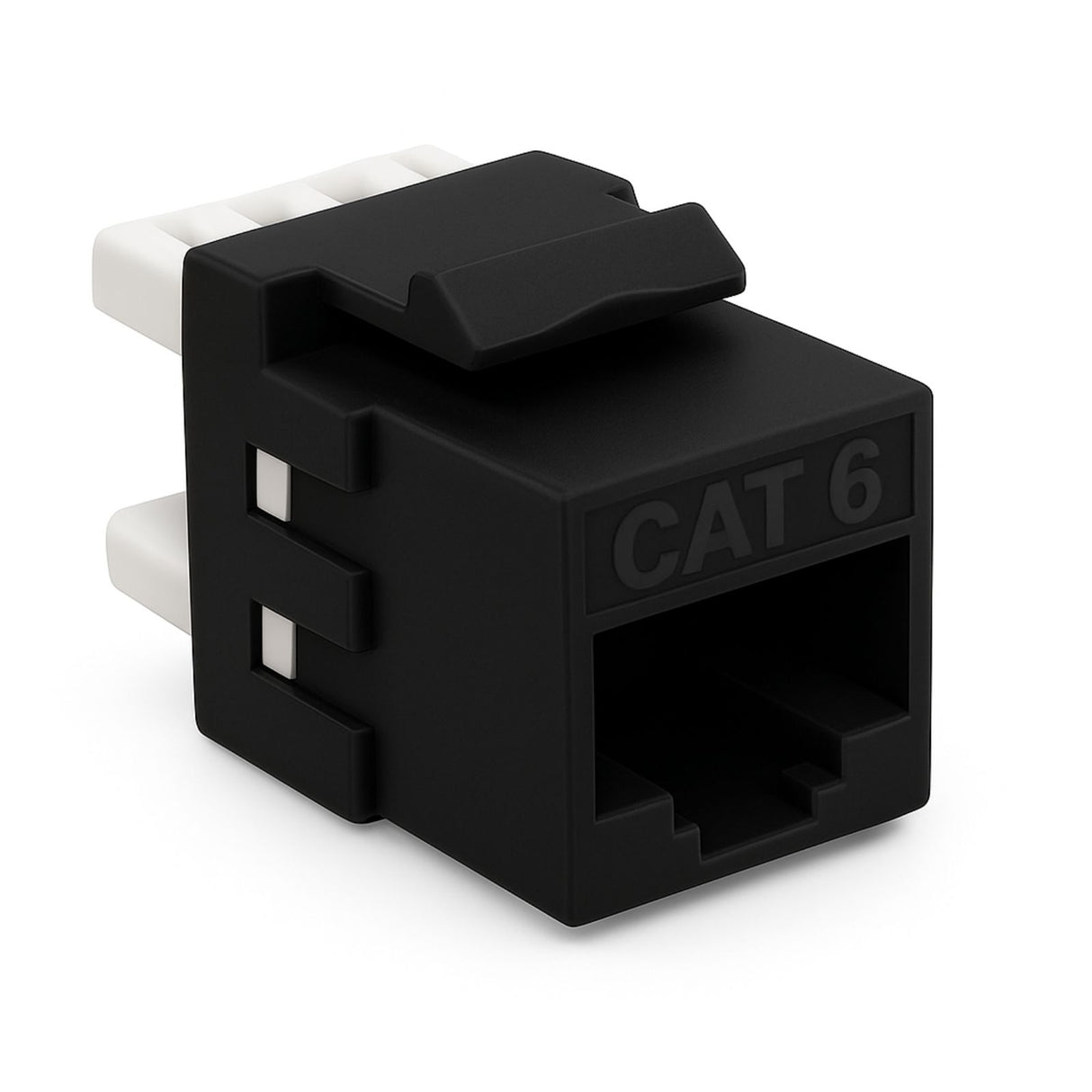 Single black Cat6 keystone panel jack, for metric Ethernet wall plates and patch panels, high‑speed networking