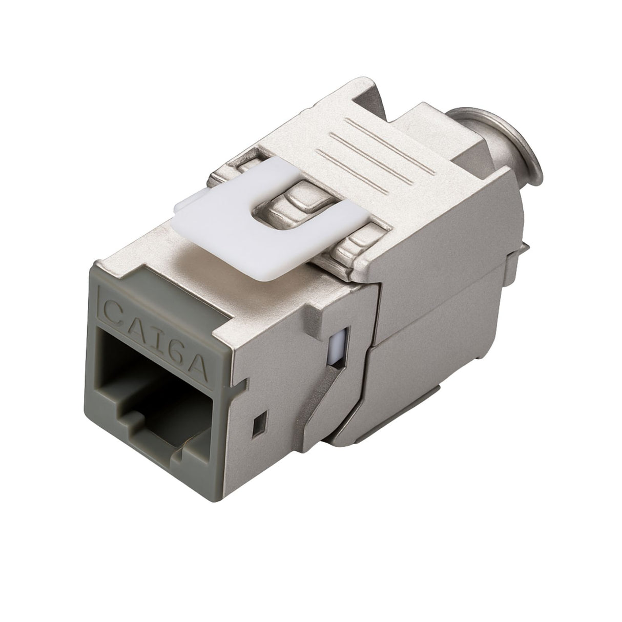 Grey Cat6A Shielded Keystone Panel Jack, bag of 12, providing reliable 10G Ethernet connectivity for structured patch panel installations