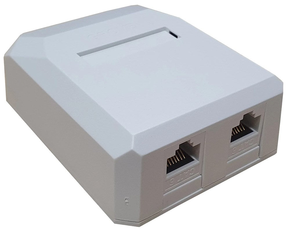 Grove Elite 2 port Cat6 surface mount box with pre-installed RJ45 jacks for network wall or desk installation