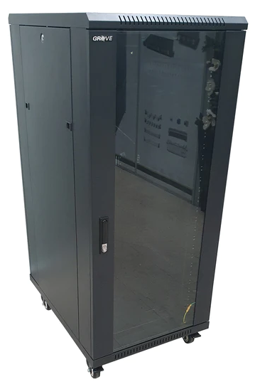 Grove Express 27RU flat pack server cabinet, 1410x600x800mm, lockable glass door, steel panels, for IT, network, and CCTV equipment.