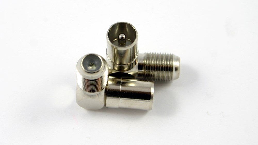 F Female to PAL Male Right Angle Adaptor for TV and antenna systems, compact nickel-plated coax connector for tight spaces