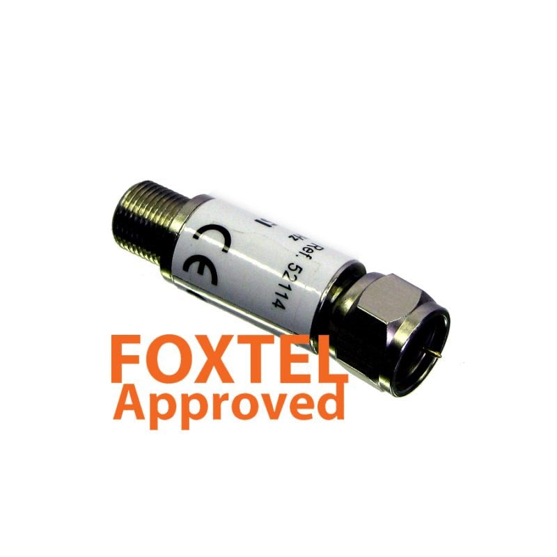 F-Type DC Blocker for coaxial systems, prevents DC voltage from passing through RF lines in satellite, TV, and MATV setups
