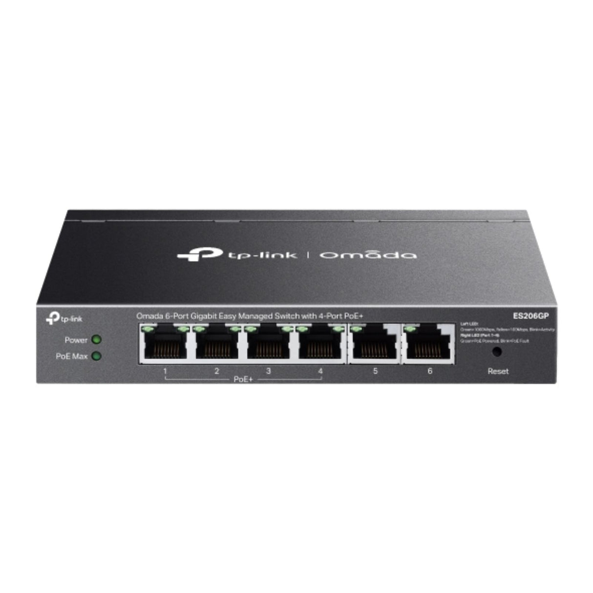 Omada 6-Port Gigabit Managed Switch with 4 PoE+ ports for high-speed networking and cloud management in small business environments.