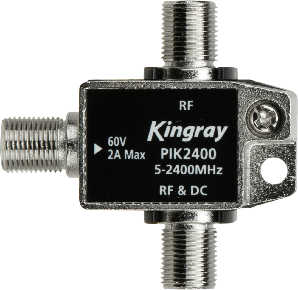 Power Injector F Type 5–2400 MHz with F‑type connectors for DC power injection over coaxial cable in RF systems.