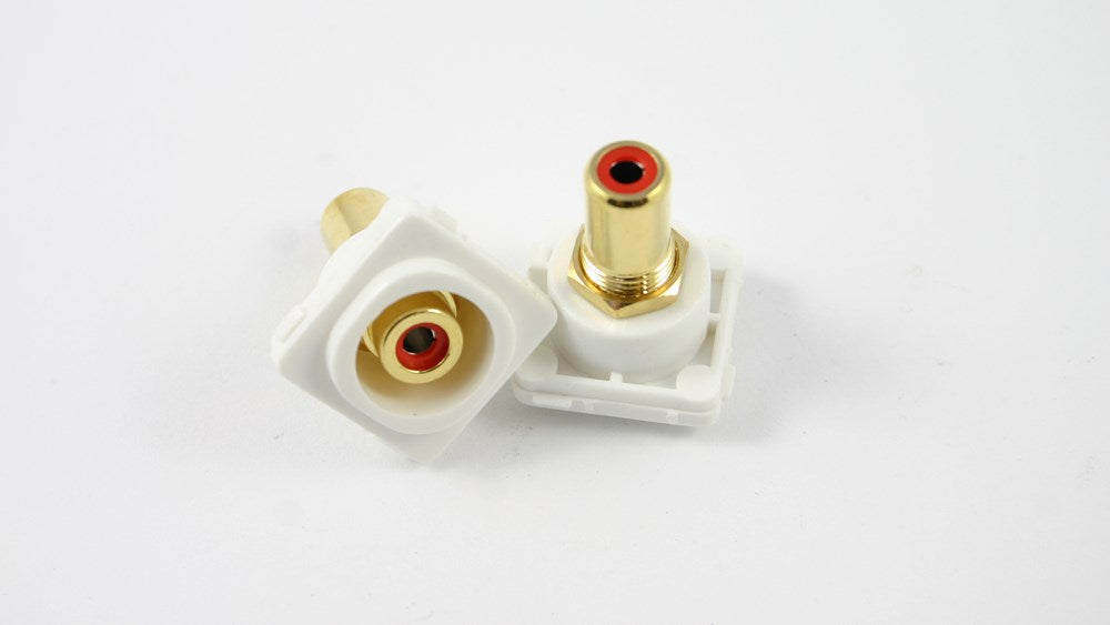 RCA-RCA Insert Red female-to-female coupler for keystone wall plates, ideal for right audio channel in structured AV installations.