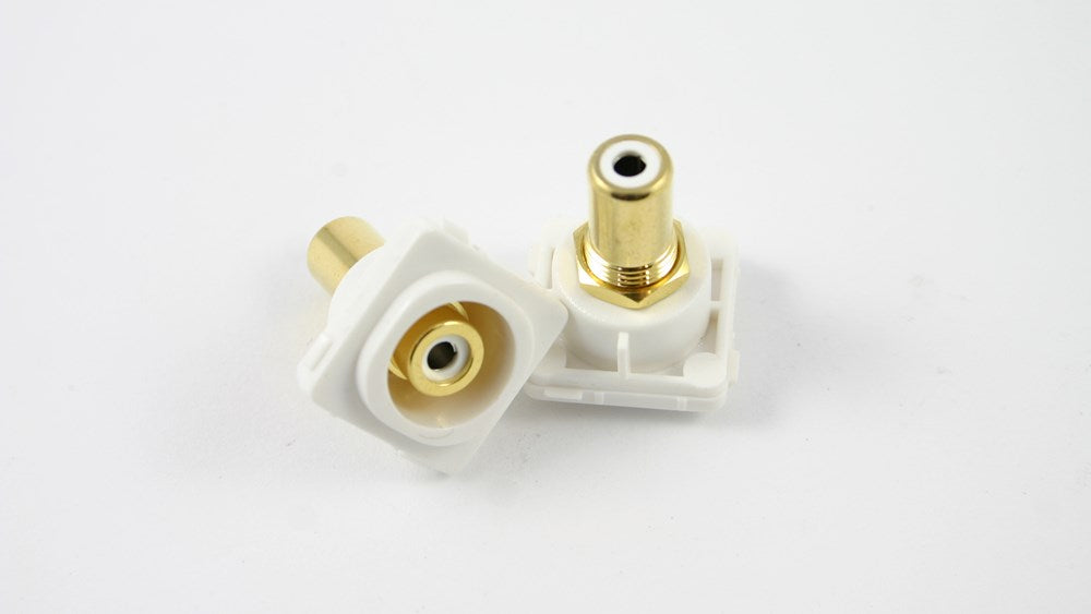 RCA-RCA Insert White female-to-female coupler for keystone wall plates, providing a secure and clean AV connection point.