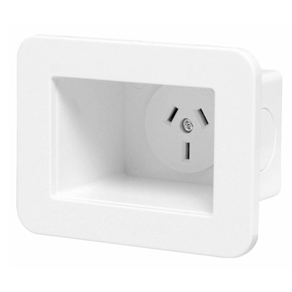 Recessed power point, single 240V AC outlet for space-saving, flush installation behind TVs, furniture, and appliances.