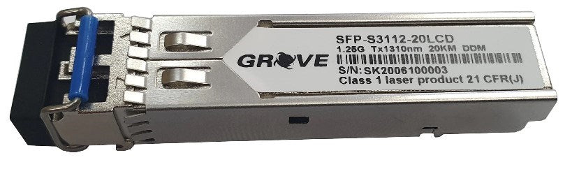 Grove Singlemode OS1/OS2 LC SFP module for media converters — 1310 nm, 1.25 Gbps, up to 20 km reach.