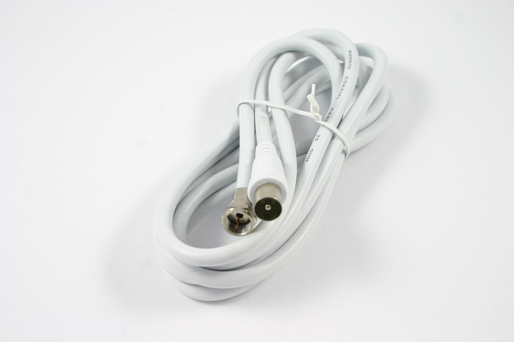 TV Fly Lead F-Male to PAL-Male 1.8M white coaxial cable for connecting TV, set-top box, or antenna