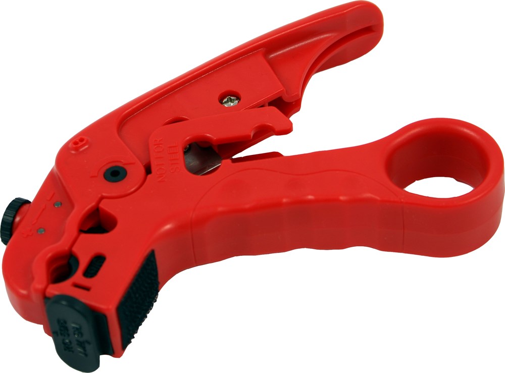 Universal cable stripper for coaxial, data, and audio cables with adjustable blade for clean and precise stripping.