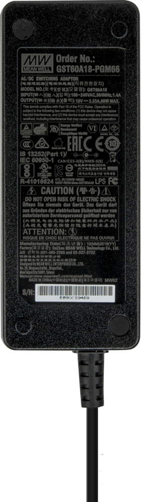 Kingray 18V Power Supply providing 3.33 AMP output for KSM-F1 distribution amplifiers, featuring durable construction and stable power delivery.