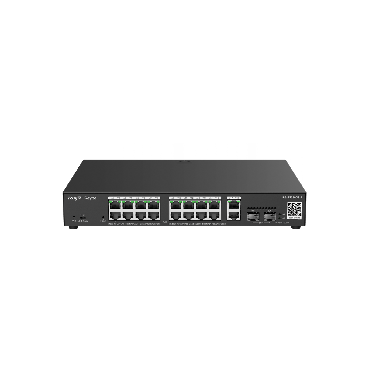 REYEE 20-Port Gigabit Smart PoE Switch with cloud management, featuring 16 PoE ports, 4 uplink ports, and a 240W power budget for business networking.