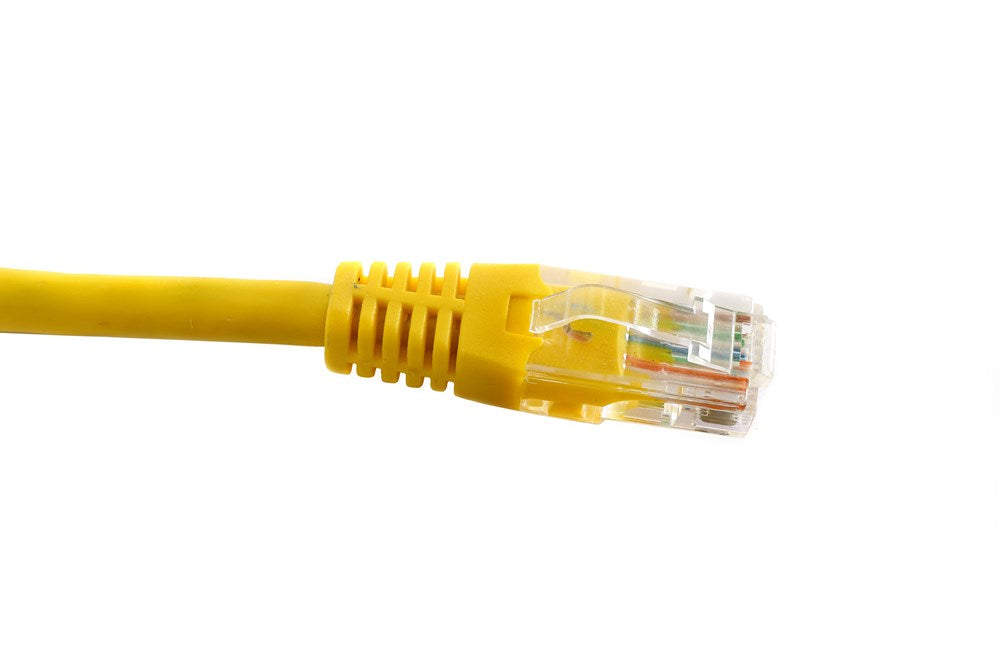 0.5M Cat5e Ethernet Patch Lead in yellow with snagless RJ45 connectors, designed for fast, reliable data transmission in home or office networks.