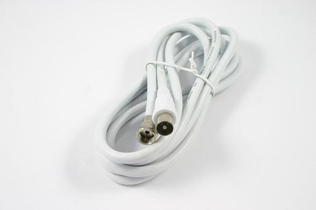 1.5M White TV Fly Lead PAL Male to PAL Female RG6 quad-shield cable for HD and digital TV signal, modem, and antenna connections.