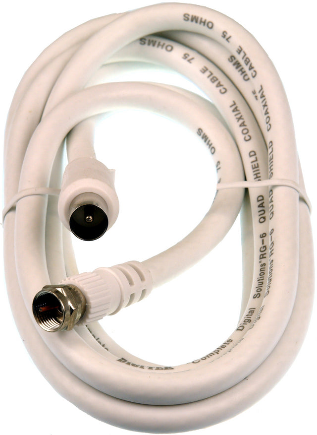 1.8M F Type Male to PAL Male quad fly lead cable in white, showing connectors and shielding