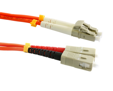 The 10M SC-LC OM1 Duplex Patch Lead is a versatile fiber optic cable designed for medium-distance connections between SC and LC connectors.