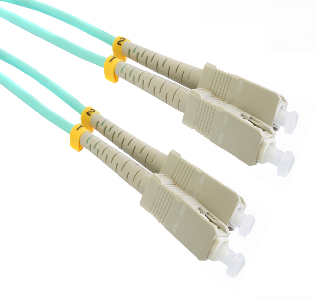 Grove 10M SC-SC OM3 Duplex Patch Lead with LSZH jacket, designed for high-speed multimode fiber connections with SC connectors, ideal for telecom and data center installations in sensitive environments.