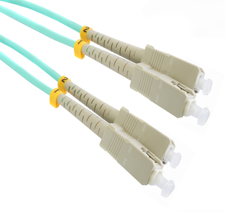 Grove 10M SC-SC OM3 Duplex Patch Lead, designed for high-speed 10Gbps multimode fiber connections with SC connectors, ideal for telecom and data center network installations.