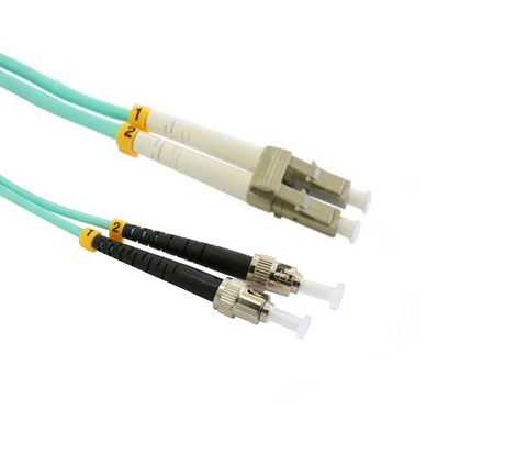10m ST-LC OM3 duplex fibre optic patch lead with LSZH jacket, aqua cable for 10Gbps/40Gbps in data centres and legacy-to-modern setups