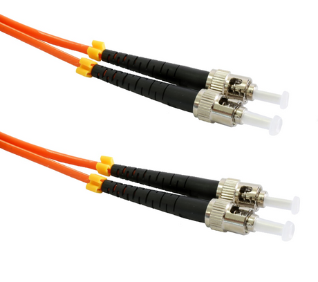 The 10M ST-ST OM1 Duplex Patch Lead is a robust fiber optic cable designed for medium-distance connections between ST connectors.