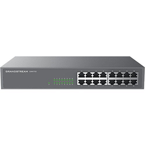 Grandstream 16 Port Gigabit Data Switch with 16 Ethernet ports, providing high-speed connectivity and easy plug-and-play setup for efficient network expansion.