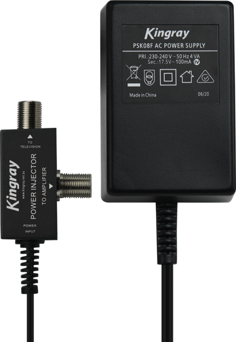 17.5V AC 100mA Plug Pack with F-Type Female Connections, perfect for powering RF devices, signal boosters, and amplifiers in network setups.