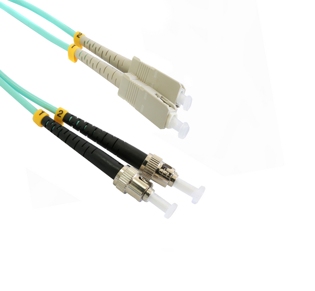 Grove 1M SC-ST OM3 Duplex Patch Lead with LSZH jacket, aqua color, 10Gbps speed, and secure SC-ST connectors for high-performance networks