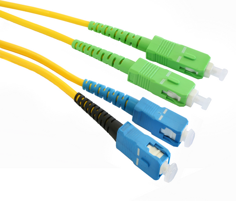 1-meter SCA to SC OS1/OS2 duplex patch lead, optimized for single-mode fiber optic connections in high-speed networks, suitable for short-distance applications.