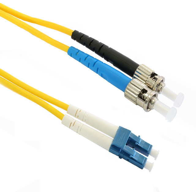 Grove 1M ST-LC OS1/OS2 Duplex Patch Lead with LSZH jacket, yellow color, 10Gbps speed, secure ST-LC connectors, and ultra-low attenuation for networks.