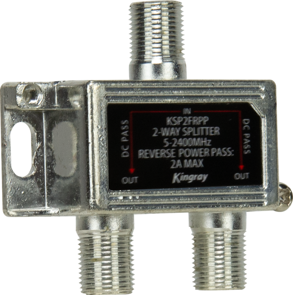 Kingray 2 Way Splitter, 5-2400 MHz, Reverse PP, 30VDC 2A, designed for efficient RF signal distribution in cable TV and satellite systems.