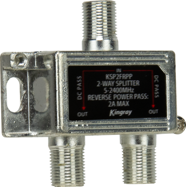 Kingray 2 Way Splitter, 5-2400 MHz, Reverse PP, 30VDC 2A, designed for efficient RF signal distribution in cable TV and satellite systems.