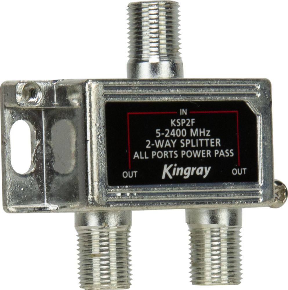 Kingray 2-Way Signal Splitter with all ports pass-through, Foxtel approved, designed for satellite TV, pay-TV, and broadband signal distribution.