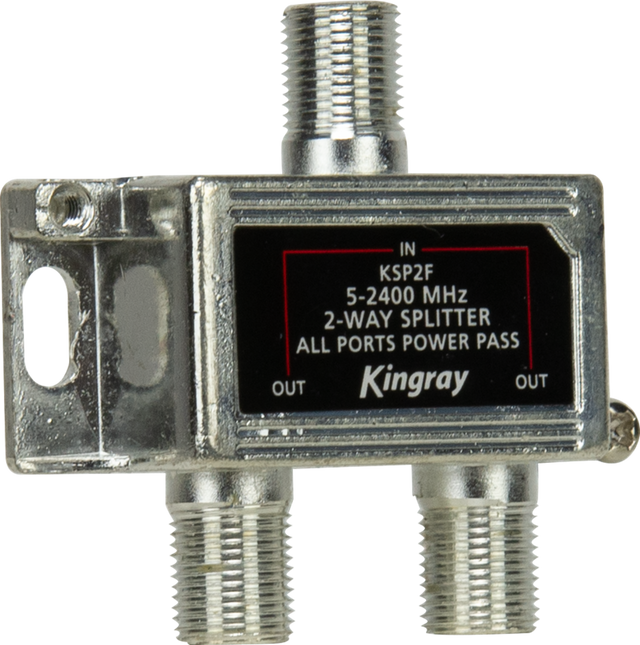 Kingray 2-Way Signal Splitter with all ports pass-through, Foxtel approved, designed for satellite TV, pay-TV, and broadband signal distribution.