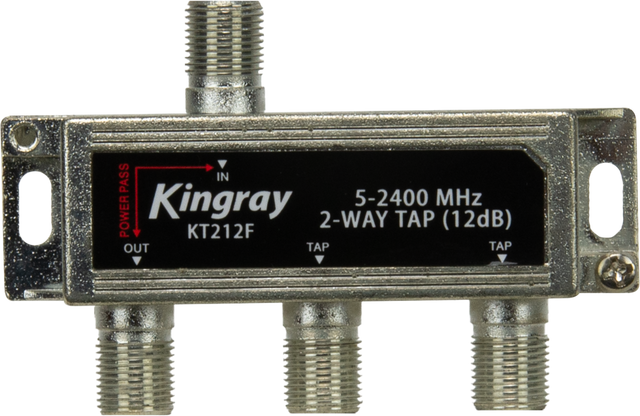 Kingray 2 Way Tap 12dB, 5-2400 MHz, for RF signal distribution with minimal signal loss, ideal for cable TV and satellite systems.