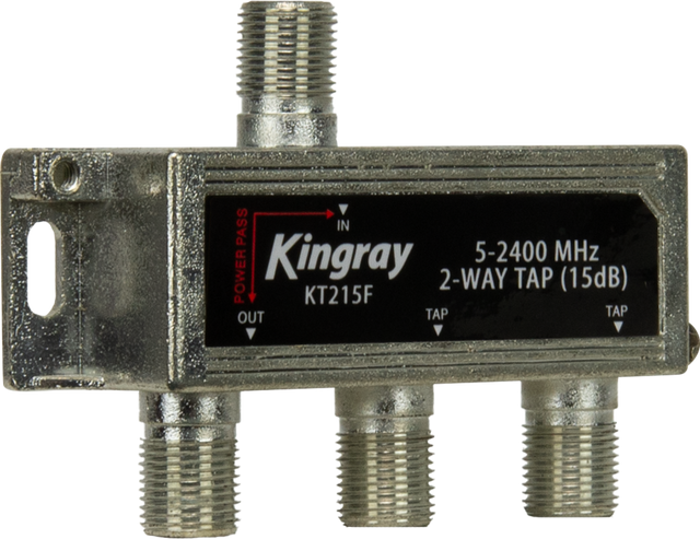 Kingray 2 Way Tap 15dB, 5-2400 MHz, for RF signal distribution with minimal signal degradation, ideal for cable TV and satellite systems.