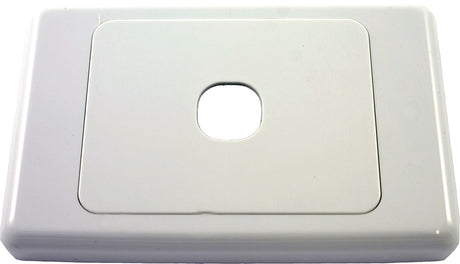 Amdex 2000 Series 1 Gang Wall Plate in white, modular faceplate for AV, data, and power modules. Fits standard Australian wall brackets.