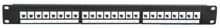 24 Port Cat6 Patch Panel | Express | White, 1RU rack-mountable, supports 1 Gbps Ethernet for efficient cable management in data centers and offices.