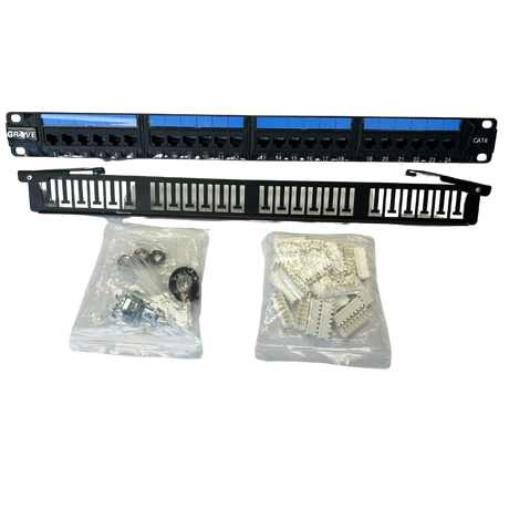 Grove Cat6 PCB Patch Panel with Rear Manager, pre-loaded for easy installation, supporting 10 Gbps speeds and 500 MHz frequency for efficient network setup.