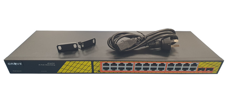 GROVE 24 Port Gigabit POE Switch with 2xSFP Slot, offering POE capabilities, 24 Gigabit ports, and additional fiber connectivity options.