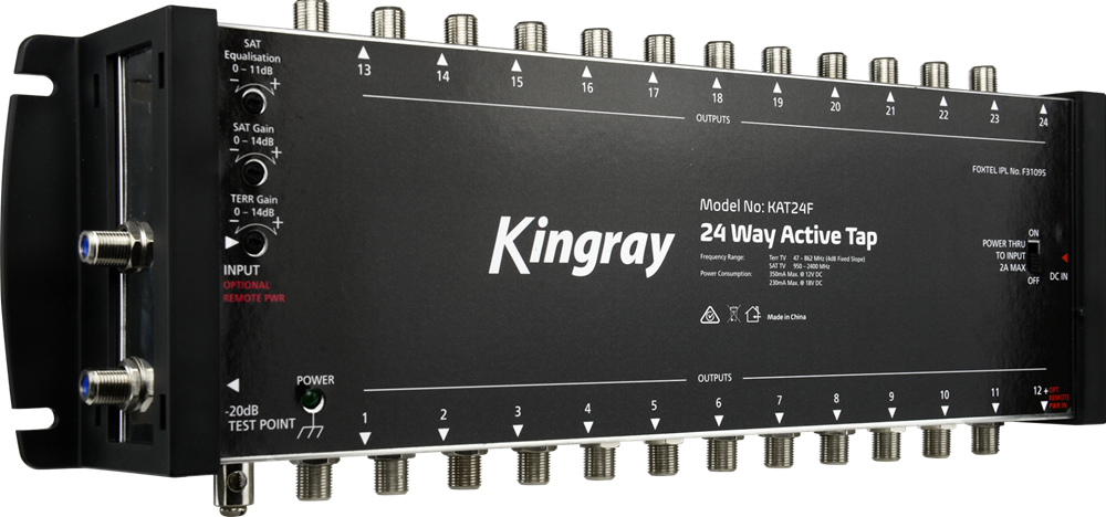 Kingray 24-Way Active Tap for signal distribution with 24 outputs, minimizing signal loss, featuring power pass and a 5-2400 MHz frequency range.