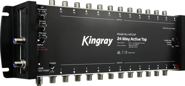 Kingray 24-Way Active Tap for signal distribution with 24 outputs, minimizing signal loss, featuring power pass and a 5-2400 MHz frequency range.