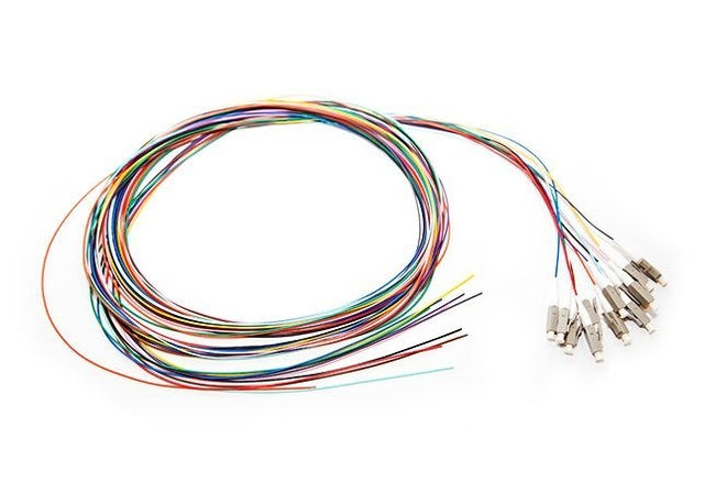 2M LC MM OM3 Pigtail in a pack of 12, made from 50/125µm multimode fiber, supporting up to 10 Gbps for reliable data center connectivity.