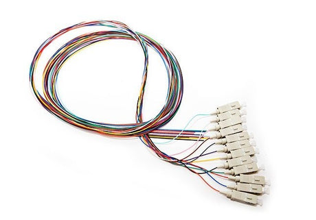 2M SC MM OM3 Pigtail in a pack of 12, made from 50/125µm multimode fiber for reliable data transmission at speeds up to 10 Gbps.