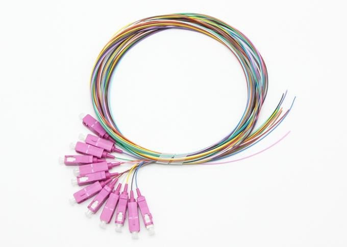 2M SC MM OM4 Pigtail in a pack of 12, featuring 50/125µm multimode fiber for reliable data transmission at speeds up to 40 Gbps.