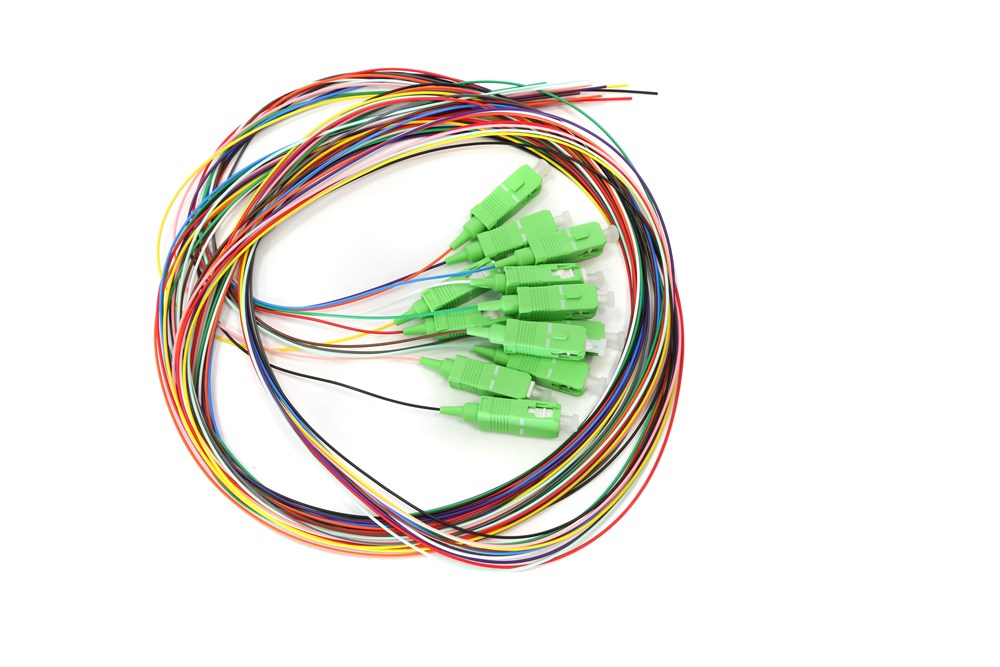 2M SCA SM OS1/OS2 Pigtails in a pack of 12, made from 9/125µm single-mode fiber for reliable data transmission up to 10 Gbps.