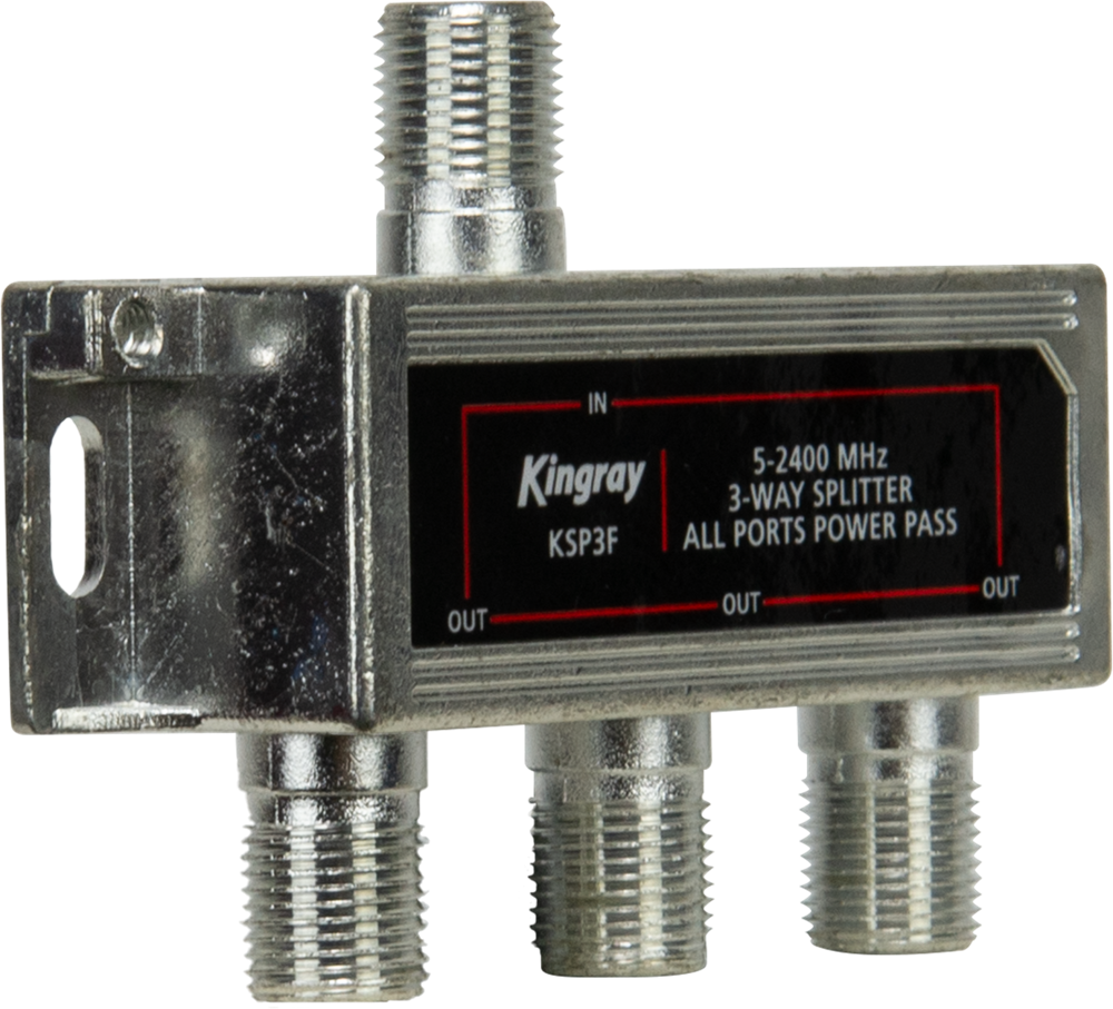 Kingray 3-Way Splitter with all ports power pass, Foxtel-approved, compact design for cable TV, satellite, and broadband installations.