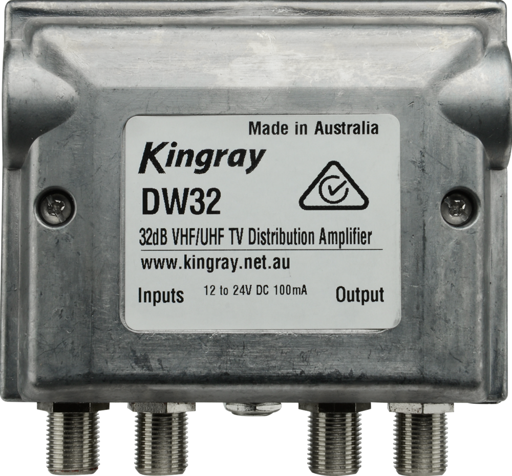 Kingray 32DB Distribution Amplifier for UHF/VHF signals, offering 32dB gain and includes PSU for improved signal quality and distribution.