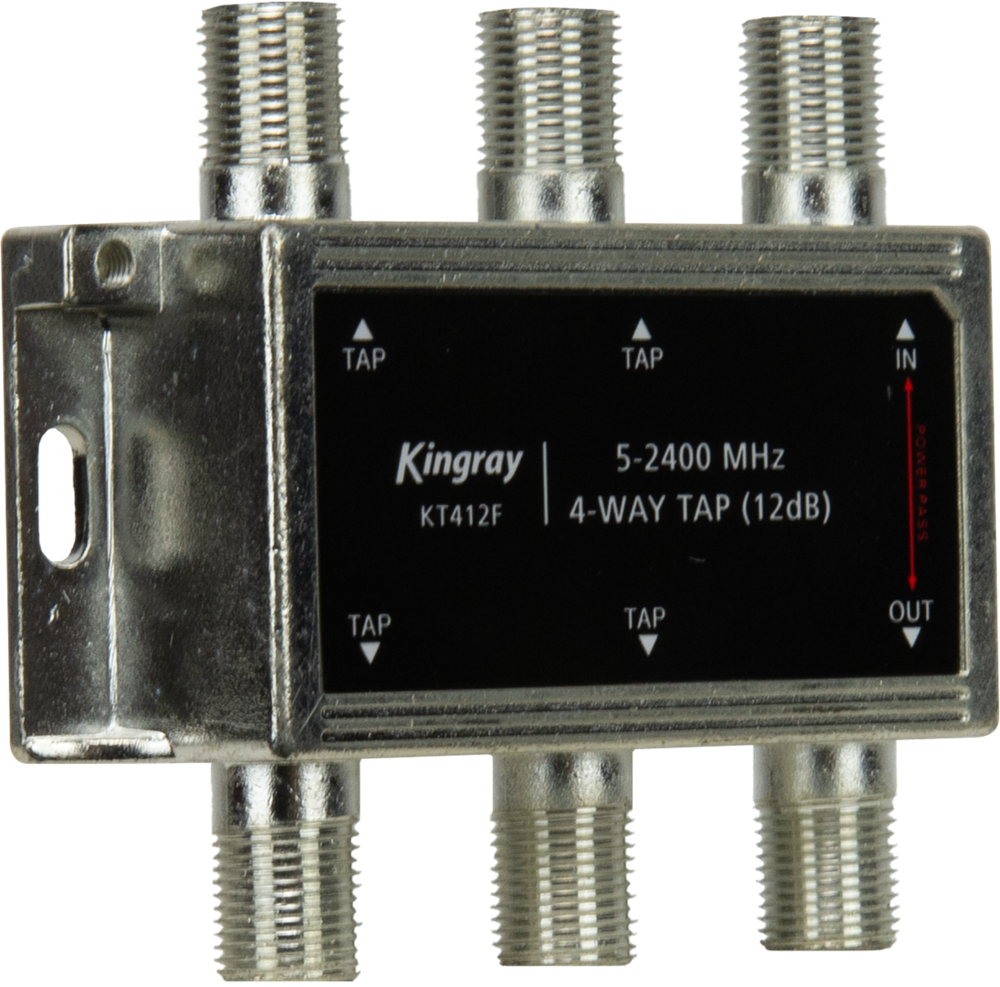 Kingray 4-Way Tap 12 dB (5-2400 MHz) with compact, corrosion-resistant housing for balanced signal distribution across multiple outputs