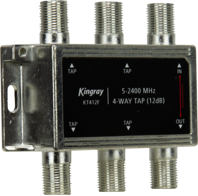 Kingray 4-Way Tap 12 dB (5-2400 MHz) with compact, corrosion-resistant housing for balanced signal distribution across multiple outputs