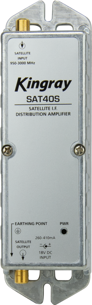 Kingray 40 dB Single Input Amplifier (950-2400 MHz) with compact, corrosion-resistant design for satellite, LNB, and TV signal boosting